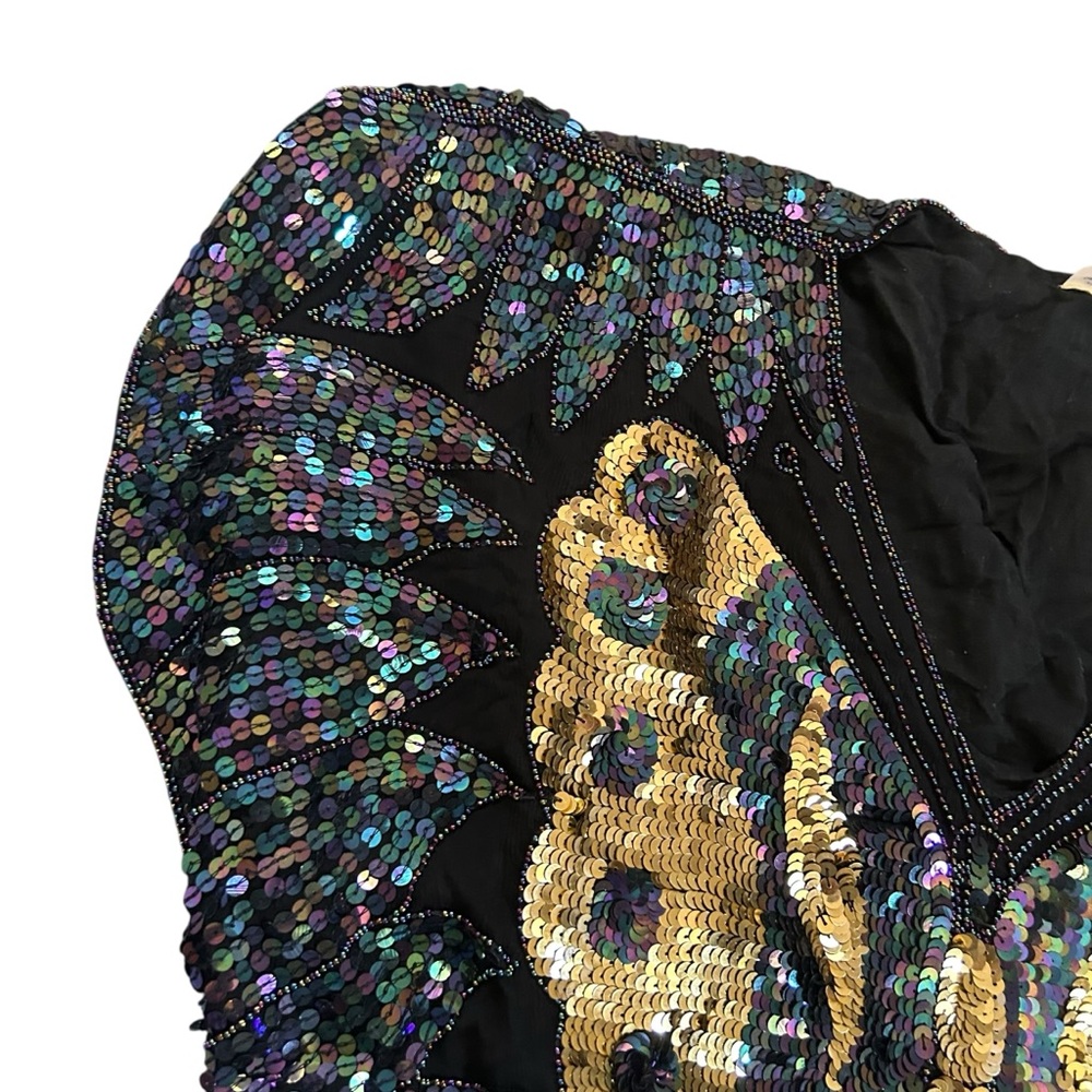 Vintage 70s Dark Rainbow & Gold Sequin Butterfly Top 100% Silk Festival Boho OS - Picture 10 of 17